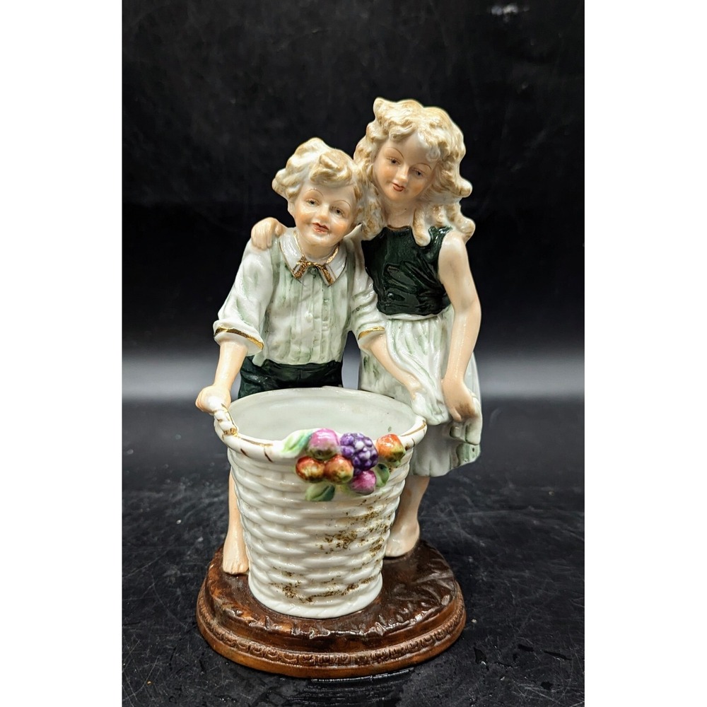 Vintage Porcelain Brother Sister Figurine Hand Painted Fruit Basket 7" Victorian